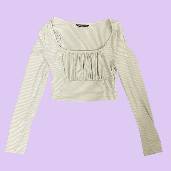 🌿 Shein Sage Green Ribbed Long Sleeve Crop Top (XS) - Picture 2 of 7